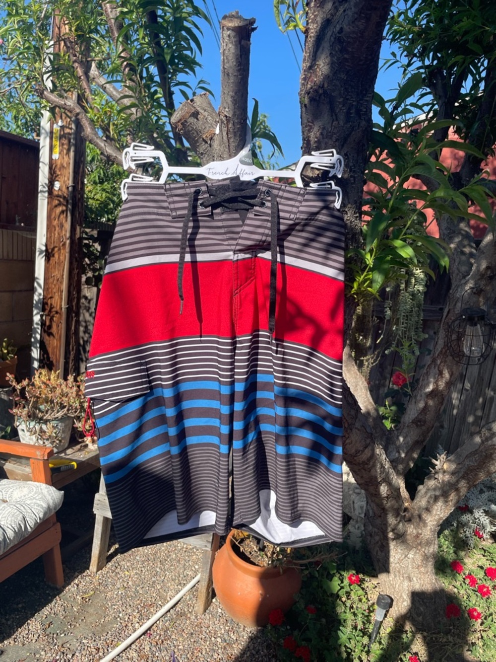 Men's Striped Swim Trunk with Red & Blue Panels